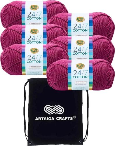 Miniatura 59 de Lion Brand 24/7 Algodón Rosa 761-101 (3 carretes - mismo lote de tinte) Hilado medio #4 de algodón para crochet y tejer con bolsa de proyecto