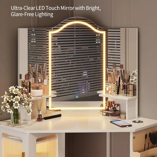Miniatura 3 de LVSOMT Escritorio esquinero de maquillaje con espejo y luces, tocador de 44 pulgadas con estación de carga, mesa de maquillaje con taburete, armario