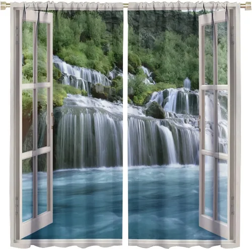 Miniatura 39 de Cortina opaca de bosque de verano, diseño de ramas de bosque, con bolsillo para barra, cortinas farbic con bolsillo para barra, comedor, cafetería