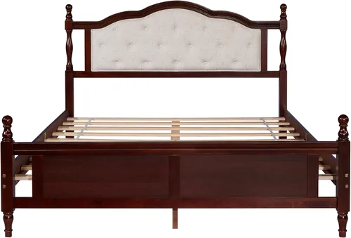 Miniatura 6 de Flieks Cama de plataforma tamaño Queen, cama de madera de pino con cabecero y estribo tapizados, con dos pies de soporte de riel de cama y pies