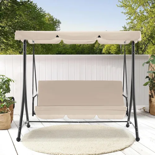 Miniatura 3 de MCombo Columpios de patio de 3 asientos con marco de acero resistente a la intemperie, toldo ajustable, columpio reclinable para porche al aire Beige