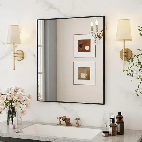 Miniatura 19 de Espejo de baño con marco de metal negro mate, espejo rectangular de tocador de 55 x 36 pulgadas, espejo de pared rectangular grande, antioxidante