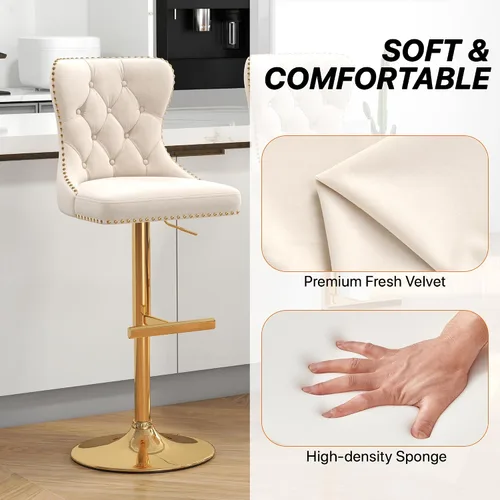 Miniatura 4 de Juego de 2 taburetes de bar, taburetes giratorios de terciopelo con respaldo copetudo, asiento ajustable con ribete de cabezas de clavos, sillas
