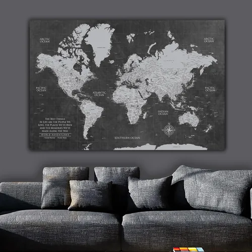 Miniatura 2 de HolyCowCanvas Personalizado Mapa Mundial con Alfileres Gris en Lienzo, 3 Tamaños, Marca Viajes, Tablero de Mapa Mundial con Alfileres, Mejor Regalo