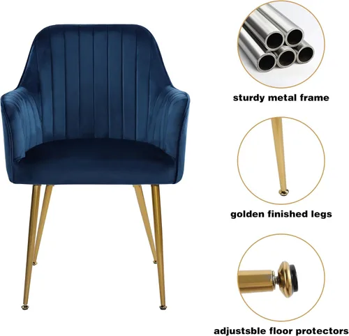 Miniatura 7 de Juego de 2 sillas de comedor de terciopelo, sillas decorativas tapizadas con patas chapadas en oro para sillas de sala de estar (azul)