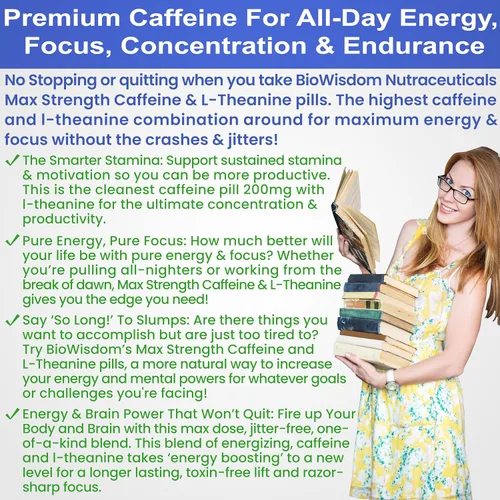 Miniatura 8 de Max Strength Caffeine L Theanine Pills (200 mg/500 mg) – Sin nerviosismo máximo de energía, enfoque, rendimiento, alerta – Pastillas de cafeína