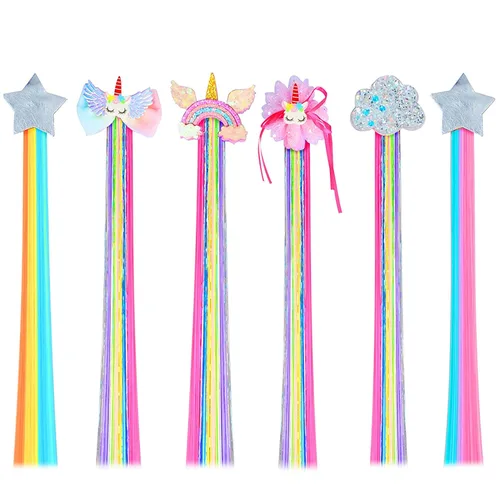 Juego de 6 pinzas para el cabello lacio de color arcoíris con accesorios de unicornio, flequillo grueso para peluca y extensiones de cola de caballo