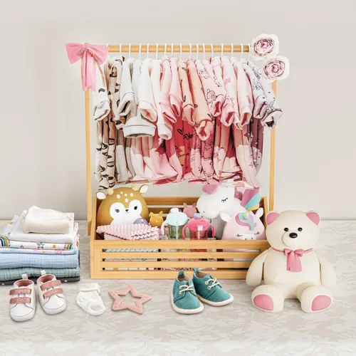Miniatura 7 de BAMBOOHOMIE Perchero para Ropa de Bebé para Niños Pequeños, Perchero para Ropa de Mascotas con Caja de Almacenamiento y Barra Colgante Ajustable