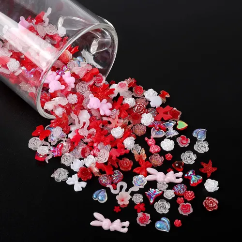 Miniatura 4 de COOSLIM 110 Piezas Dijes para Uñas 3D, Dijes de Resina Mariposa Oso para Uñas, Flor Rosa Lazo Conejo con Forma de Animal Piedras de Strass Perlas