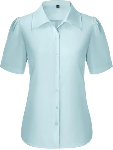 Miniatura 11 de Gleeivy Camisas de botones para mujer de manga corta abombada, camisas de vestir abotonadas con cuello ajustado, blusa superior de trabajo