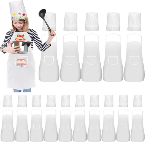 30 piezas de sombrero y delantal de chef para niños de 5 a 12 años, delantal para niños y niñas, cocina, hornear, pintura