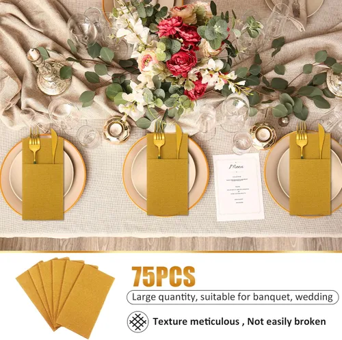 Miniatura 5 de Cindeer 75 piezas de servilletas doradas de lino con sensación de cena, con bolsillo plano incorporado para cubiertos, preplegadas, servilletas