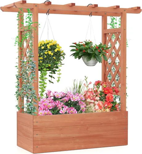 Miniatura 10 de Giantex Cama de jardín elevada con enrejado y techo colgante, jardinera de madera con parte inferior y agujeros de drenaje, maceta de jardín