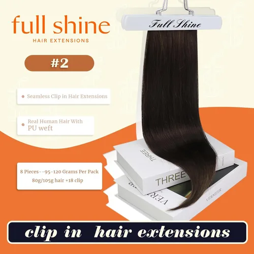 Miniatura 2 de Full Shine Extensiones de cabello humano con clip, sin costuras, color marrón oscuro, 18 pulgadas, con clip, invisible, trama de poliuretano