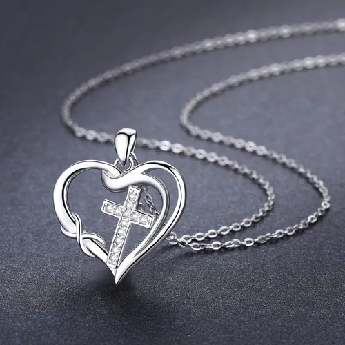 Miniatura 5 de CUOKA MIRACLE Collar de cruz con dije de corazón infinito, collar de plata de ley 925 con cadena delicada, joyería de 18 pulgadas, regalo de Navidad