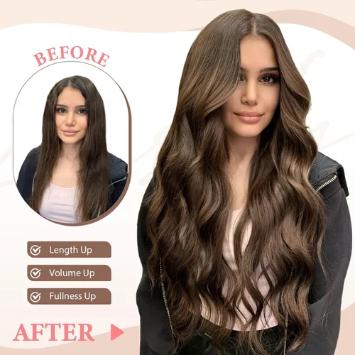 Miniatura 2 de Fliace Extensiones de cabello con clip para mujer, extensiones de cabello ondulado largo de color marrón medio, extensiones de cabello sintético