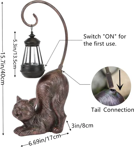 Miniatura 2 de Figura de gato riendo con luz LED alimentada por energía solar, 15.7 pulgadas de alto en bronce antiguo, perfecta para regalo, decoración de jardín