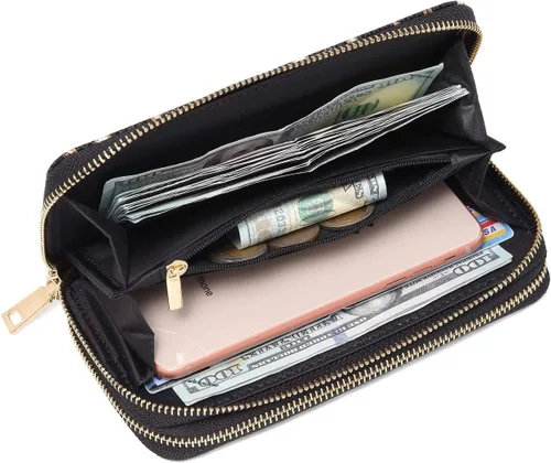 Miniatura 6 de Nabegum Cartera de leopardo para mujer con estampado de guepardo doble cremallera gran capacidad para tarjetas de crédito marrón