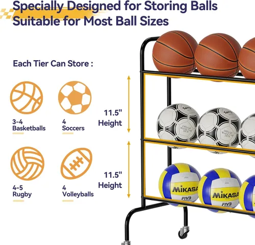 Miniatura 3 de Basketball Rack, Rolling Sport Equipment Holder Ball Storage Cart for Basketball, Football and Soccer, Suitable for Indoor and Outdoor, Black