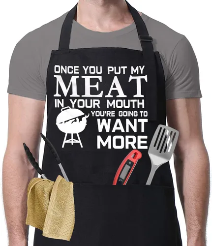 Divertido delantal de parrilla para hombres, Once You Put My Meat - Talla única para todos - Delantal de cocina de chef con tres bolsillos grandes