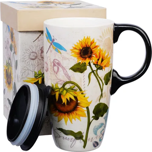 Miniatura 15 de Topadorn Taza de Café de Cerámica de Viaje con Tapa y Caja de Color, 17oz Termo de Café Apto para Microondas y Lavavajillas, Pájaro Azul
