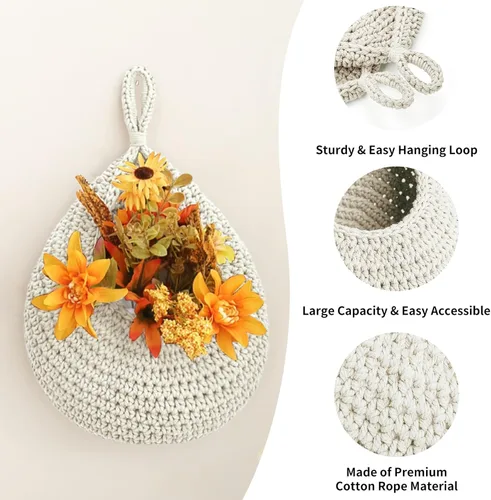 Miniatura 2 de Cestas de frutas colgantes de pared bohemias para cocina, paquete de 3, contenedor de productos tejido con 6 piezas de ganchos fuertes, cesta