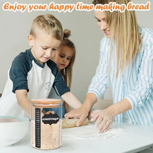 Miniatura 6 de Kmise Tarro para Masa Madre, Kit de Tarro para Masa Madre de Vidrio DIY Pro de 34 Oz con Termómetro, Espátula de Silicona, Calcomanías de Pizarra