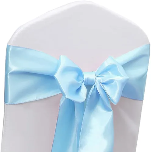 Miniatura 7 de Bandas de satén para sillas de color azul bebé, paquete de 50 lazos para sillas de color azul claro para boda, revelación de género, baby shower