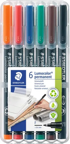 Staedtler Lumocolor - Bolígrafo universal, fina, punta de fieltro, marcador permanente, caja de 6 bolígrafos de colores surtidos, 0.024 in, 318 WP6