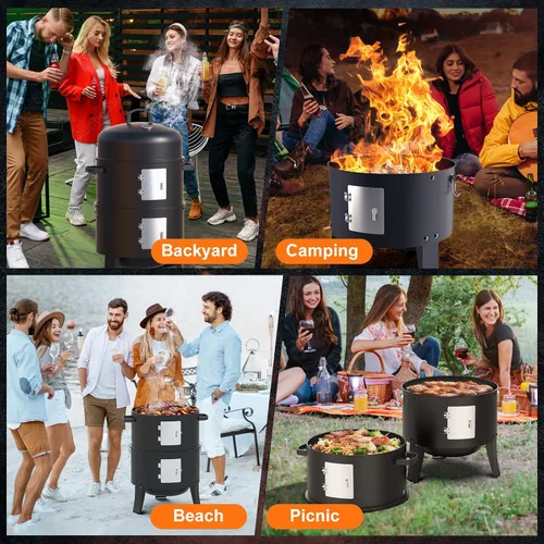 Miniatura 8 de Ahumador de carbón de 16", Parrilla de barbacoa vertical resistente 3 en 1, Fogata al aire libre con área de cocción de 402 pulgadas cuadradas