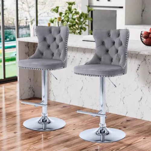 Miniatura 20 de Aoowow Juego de 2 taburetes de bar giratorios ajustables con respaldo de terciopelo copetudo, sillas de bar modernas tapizadas con cabeza de clavo
