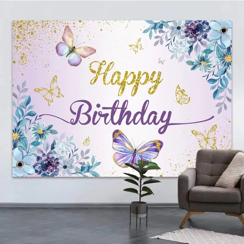 Telón de fondo de mariposa de 7 x 5 pies, diseño de mariposas moradas, besos y deseos de cumpleaños, mariposas azules, flores doradas, fondo de