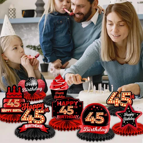 Miniatura 7 de Feliz 45 cumpleaños rojo y negro centros de mesa de panal de abeja decoraciones de globos decoración de mesa centros de mesa para niñas mujeres