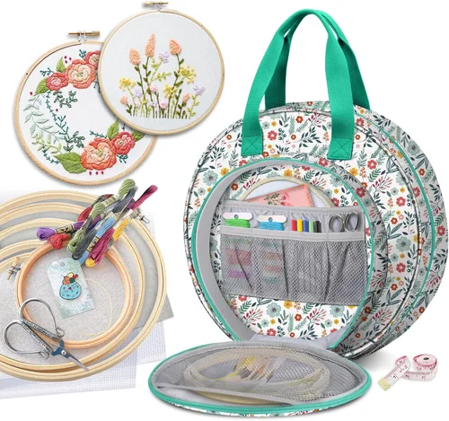 Miniatura 8 de FINPAC Bolsa para proyectos de bordado, suministros de bordado con múltiples bolsillos para hilo dental, aros, hilo, kit de herramientas de costura