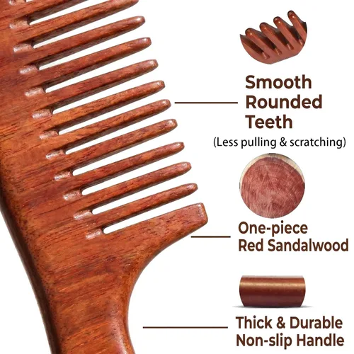 Miniatura 2 de Juego de 2 peines de madera de sándalo, peine de madera de dientes anchos y finos para mujeres y hombres, peine de madera desenredante antiestático