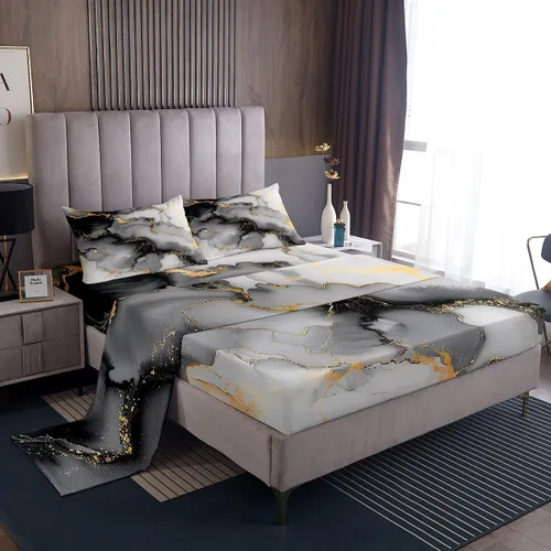 Miniatura 18 de Erosebridal Juego de sábanas tamaño individual de acuarela gris con mármol negro para niños y adolescentes, juego de ropa de cama