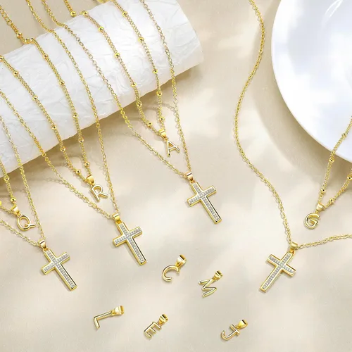 Miniatura 8 de Delicados collares de cruz para mujer, chapado en oro de 14 quilates, cadena en capas con dije de inicial, circonita cúbica, cruz de fe cristiana