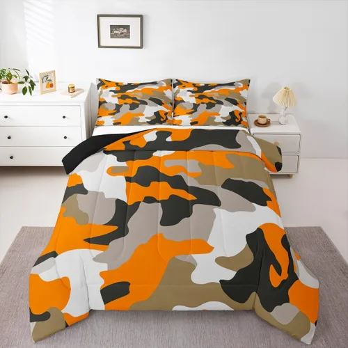 Feelyou Juego de edredón de camuflaje naranja para niños, tamaño individual, juego de ropa de cama de camuflaje estilo militar para niños y niñas,