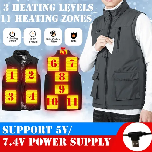 Miniatura 2 de Chaleco térmico ligero para hombre con bolsillo, control de doble interruptor, 11 zonas de calefacción, abrigo térmico