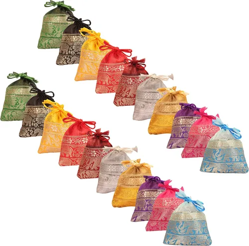 Miniatura 8 de Touchstone Preciosas bolsas de regalo reutilizables, respetuosas con el medio ambiente, con cordón grande con patrón de elefante brocado