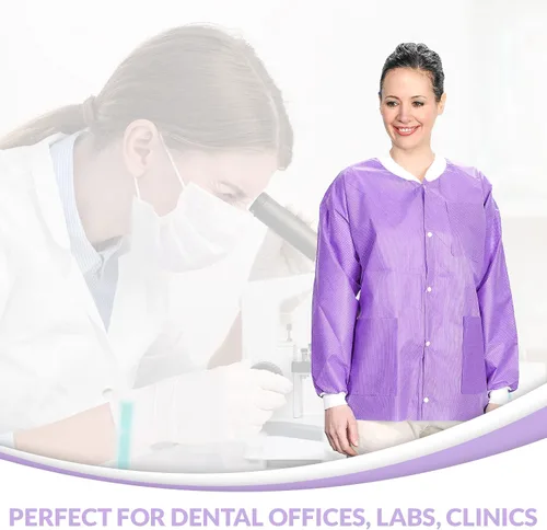 Miniatura 25 de Paquete de 10 chaquetas desechables de laboratorio, chaqueta médica reutilizable hasta la cadera, unisex, con puños de punto y bolsillos