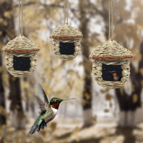 Miniatura 7 de Paquete de 3 casas de colibríes, nido de pájaros tejido a mano para colgar al aire libre, pequeñas casas de pájaros de hierba para exteriores