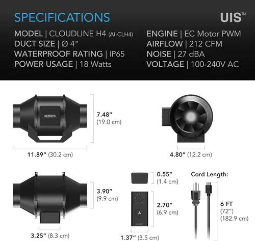 Miniatura 6 de AC Infinity CLOUDLINE H4, ventilador silencioso de conducto en línea de 4 pulgadas con controlador de velocidad, ventilador de ventilación a prueba