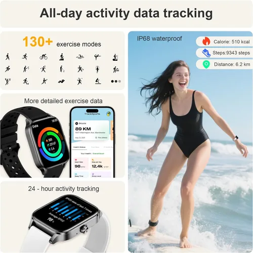 Miniatura 4 de Relojes inteligentes para mujer, reloj de seguimiento de fitness de 1.85 pulgadas, contestar/hacer llamadas, reloj de fitness impermeable IP68