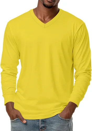 Miniatura 13 de Camiseta para hombre, manga larga, cuello en V, color liso, informal, básica, suave, elástica, M-3XL