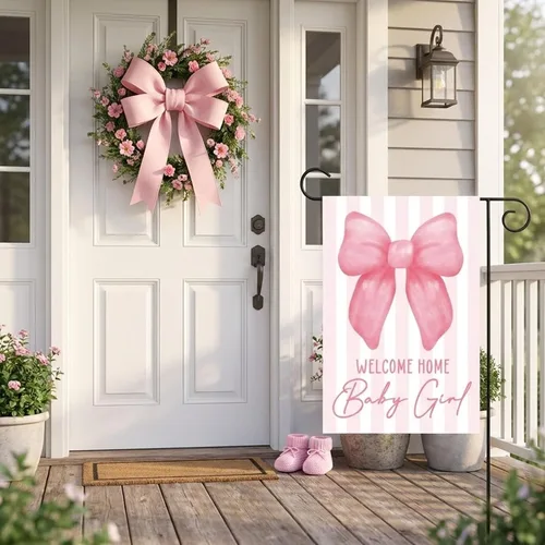 Miniatura 4 de Bandera de jardín de bienvenida a casa de doble cara para bebé, 12 x 18 pulgadas, pancarta rosa para decoración al aire libre, revelación de género