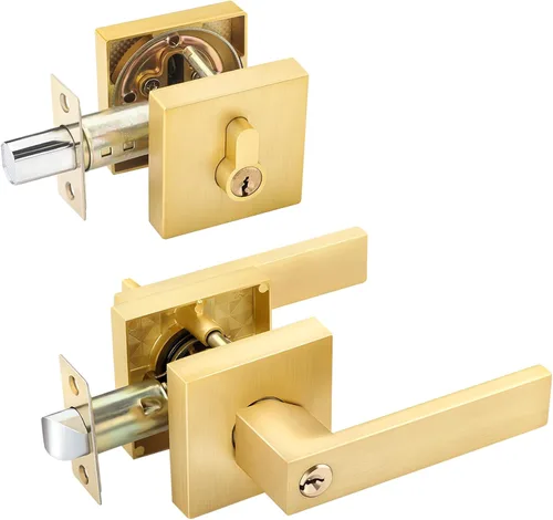 Miniatura 10 de EHOMEWARE 8 paquetes de manijas de puerta interior sin llave en acabado de latón satinado, manija de puerta de armario, palanca de puerta de paso