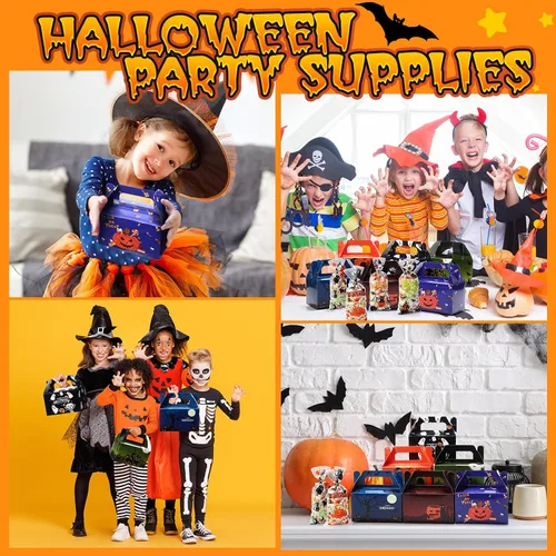 Miniatura 6 de ReliThick Paquete de 80 cajas de golosinas de Halloween con bolsas de celofán, cajas de dulces de galletas para golosinas de fantasma, bolsa