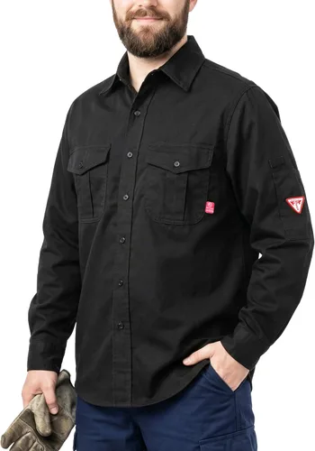 Miniatura 13 de TICOMELA Camisa de soldadura FR de peso medio para hombre, 7.5oz 100% algodón NFPA 2112 CAT2 - Camisa de trabajo con botones resistente al fuego