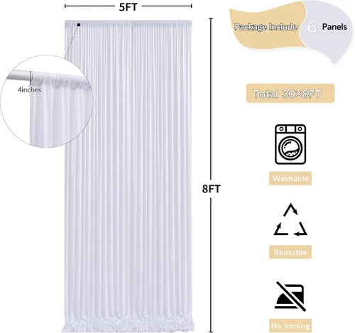 Miniatura 5 de Cortinas de telón de fondo blanco de 30 pies x 8 pies para fiestas de boda, 6 paneles de 5 pies x 8 pies, cortinas de fotografía de poliéster sin
